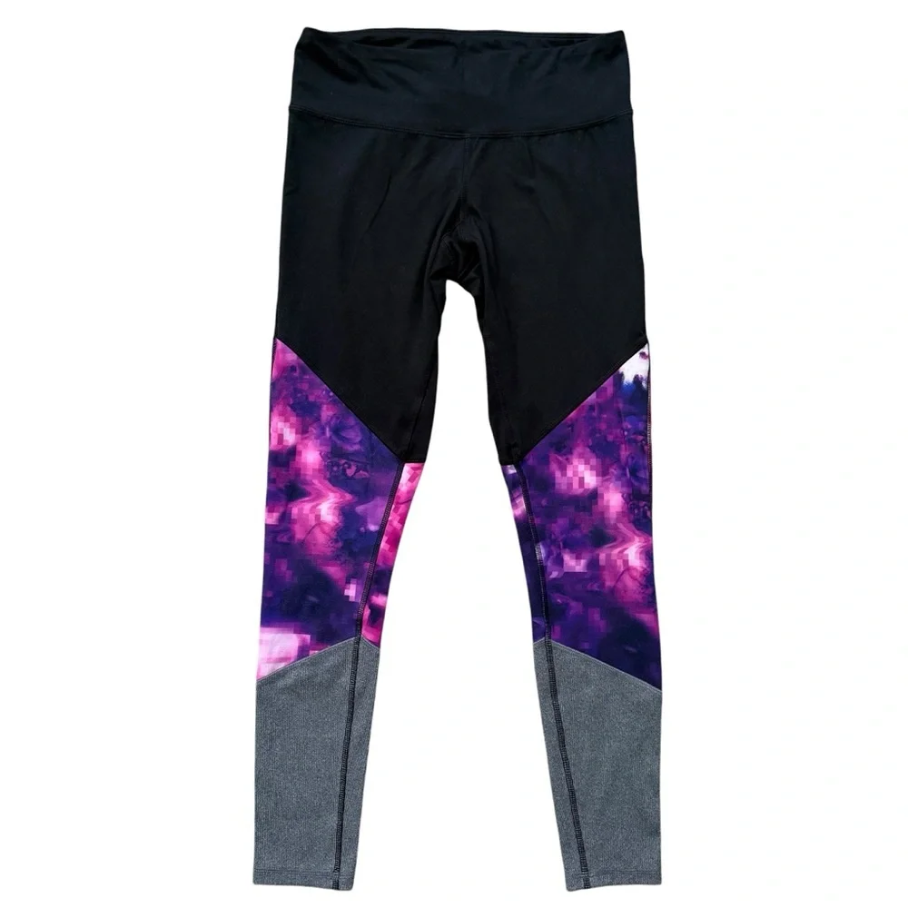 Champion Women’s Black Leggings with Purple-Pink Pattern and Gray Panels - Picture 1 of 4